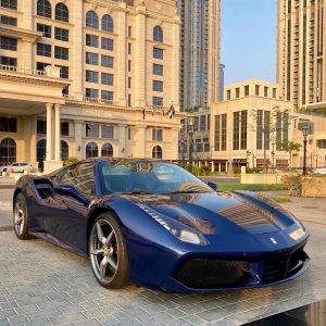 Rent Ferrari 488 Spider Blue Car in Dubai
